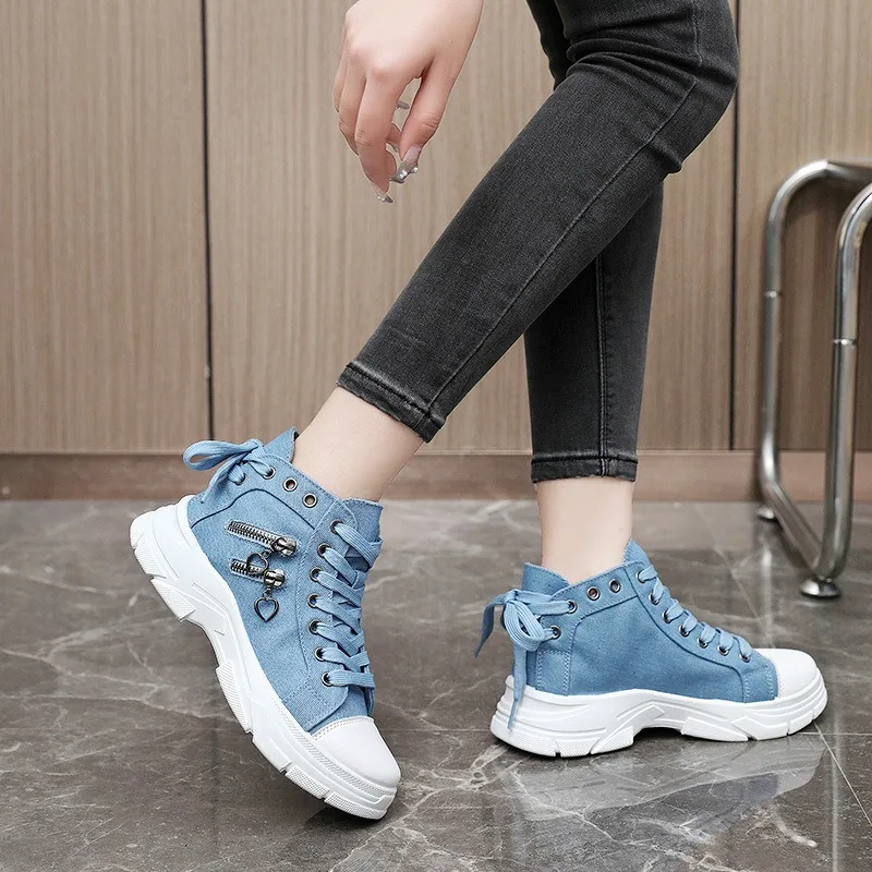 New Canvas High-top Women Shoes 2024 Spring Breathable Denim Sneakers Women Summer Thick Bottom Heightening Sports Casual Shoes - Image 4