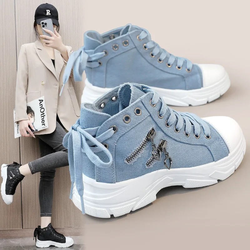 New Canvas High-top Women Shoes 2024 Spring Breathable Denim Sneakers Women Summer Thick Bottom Heightening Sports Casual Shoes - Image 3